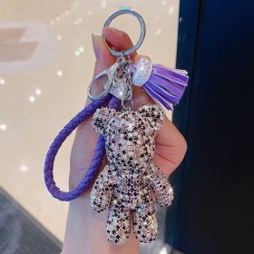 Cartoon Full Drill Method Fighting Dog Keyring Cute Men And Women Tassel Bag Keychain Ring Hanging Ornament (Color: Bear purple)