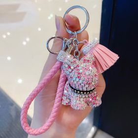 Cartoon Full Drill Method Fighting Dog Keyring Cute Men And Women Tassel Bag Keychain Ring Hanging Ornament (Color: Dipper pink)