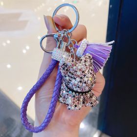 Cartoon Full Drill Method Fighting Dog Keyring Cute Men And Women Tassel Bag Keychain Ring Hanging Ornament (Color: Dipper purple)