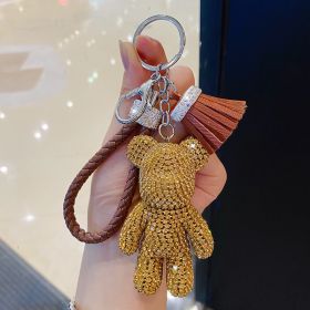 Cartoon Full Drill Method Fighting Dog Keyring Cute Men And Women Tassel Bag Keychain Ring Hanging Ornament (Color: Bear gold)