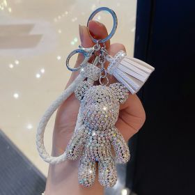 Cartoon Full Drill Method Fighting Dog Keyring Cute Men And Women Tassel Bag Keychain Ring Hanging Ornament (Color: Bear white)