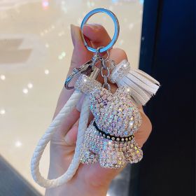 Cartoon Full Drill Method Fighting Dog Keyring Cute Men And Women Tassel Bag Keychain Ring Hanging Ornament (Color: Dipper white)