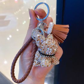 Cartoon Full Drill Method Fighting Dog Keyring Cute Men And Women Tassel Bag Keychain Ring Hanging Ornament (Color: Dipper coffee)