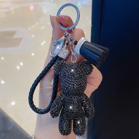 Cartoon Full Drill Method Fighting Dog Keyring Cute Men And Women Tassel Bag Keychain Ring Hanging Ornament (Color: Bear black)