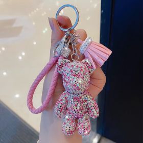 Cartoon Full Drill Method Fighting Dog Keyring Cute Men And Women Tassel Bag Keychain Ring Hanging Ornament (Color: Bear pink)