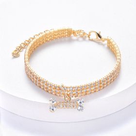 Necklace Cat Dog Three Row Rhinestone Zircon Bone Ornament Pet Collar (Color: Golden)