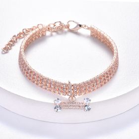 Necklace Cat Dog Three Row Rhinestone Zircon Bone Ornament Pet Collar (Color: Rose Gold)