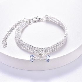 Necklace Cat Dog Three Row Rhinestone Zircon Bone Ornament Pet Collar (Color: Silver)