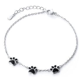 Black Epoxy Dog Paw Silver Bracelet (Color: White gold bracelet)